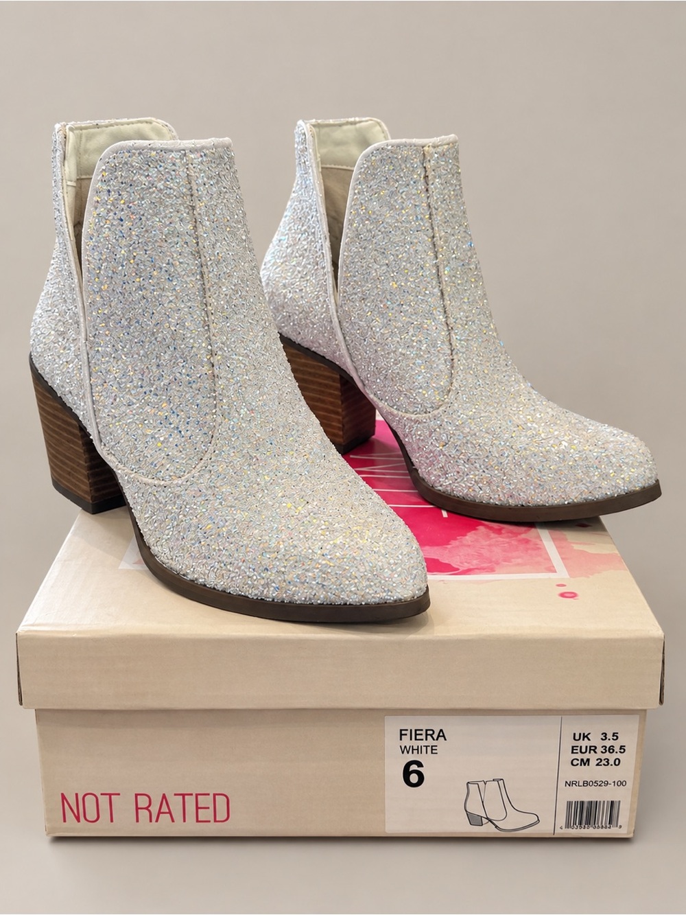 Not Rated White Glitter Ankle Booties with Stacked Heel